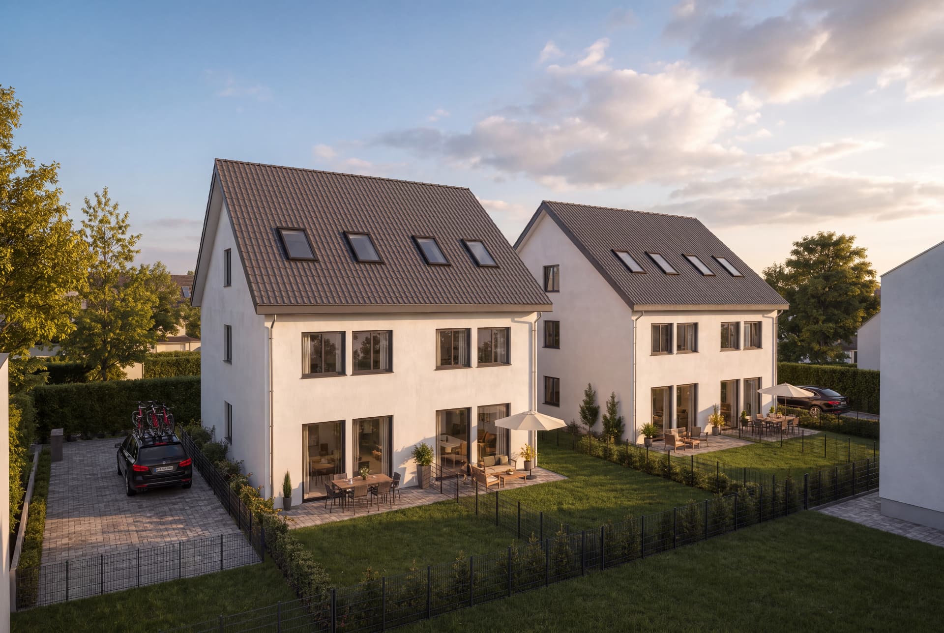 Gartenseite der Doppelhaushälften mit Terrassen und Rasenflächen