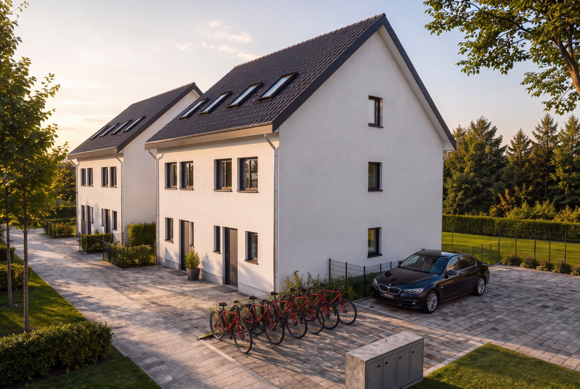 Visualisierung der vier Doppelhaushälften von der Straßenseite im Abendlicht