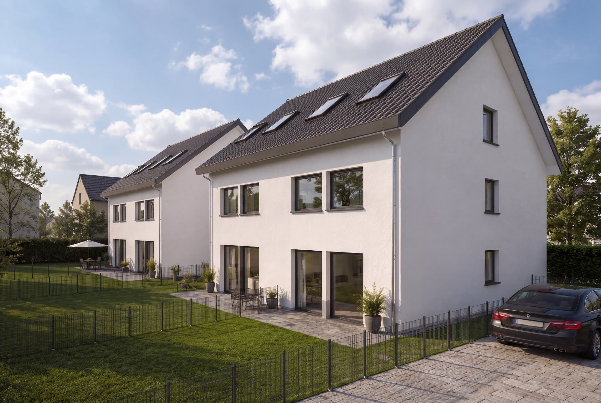 Seitenansicht der Doppelhaushälften mit Satteldach und Dachfenstern